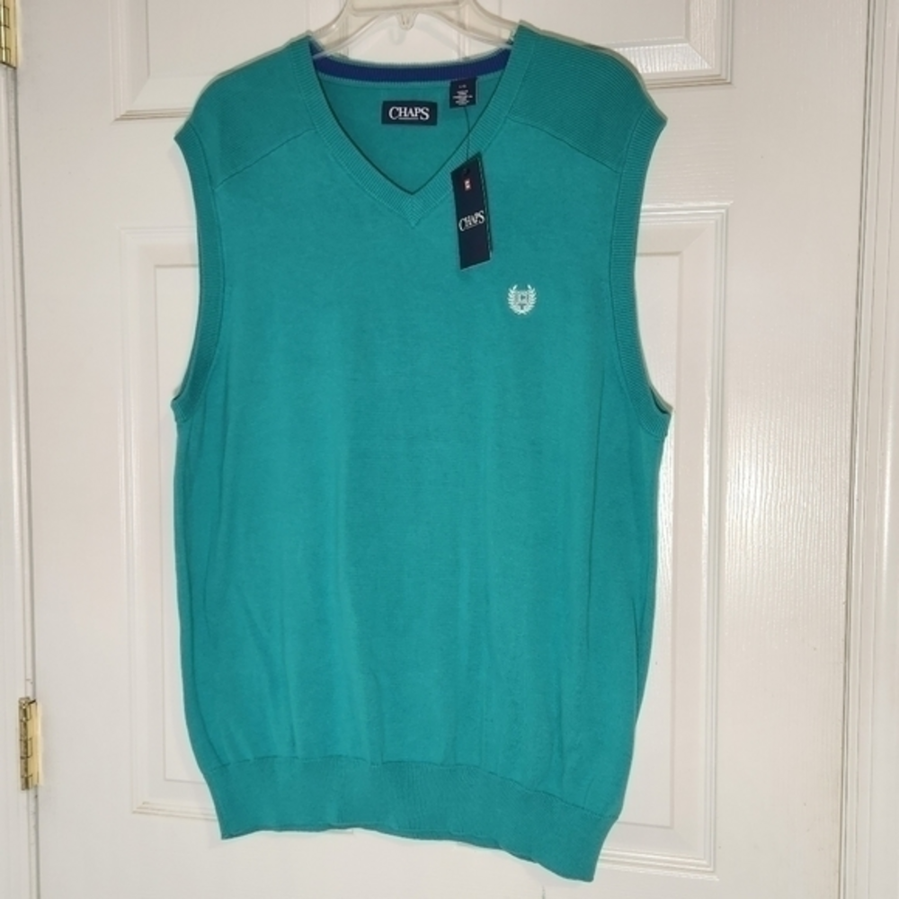 NWT Men’s Chaps Sweater Vest Size L Teal "Pool‎ Green" Logo Preppy Golf Academia